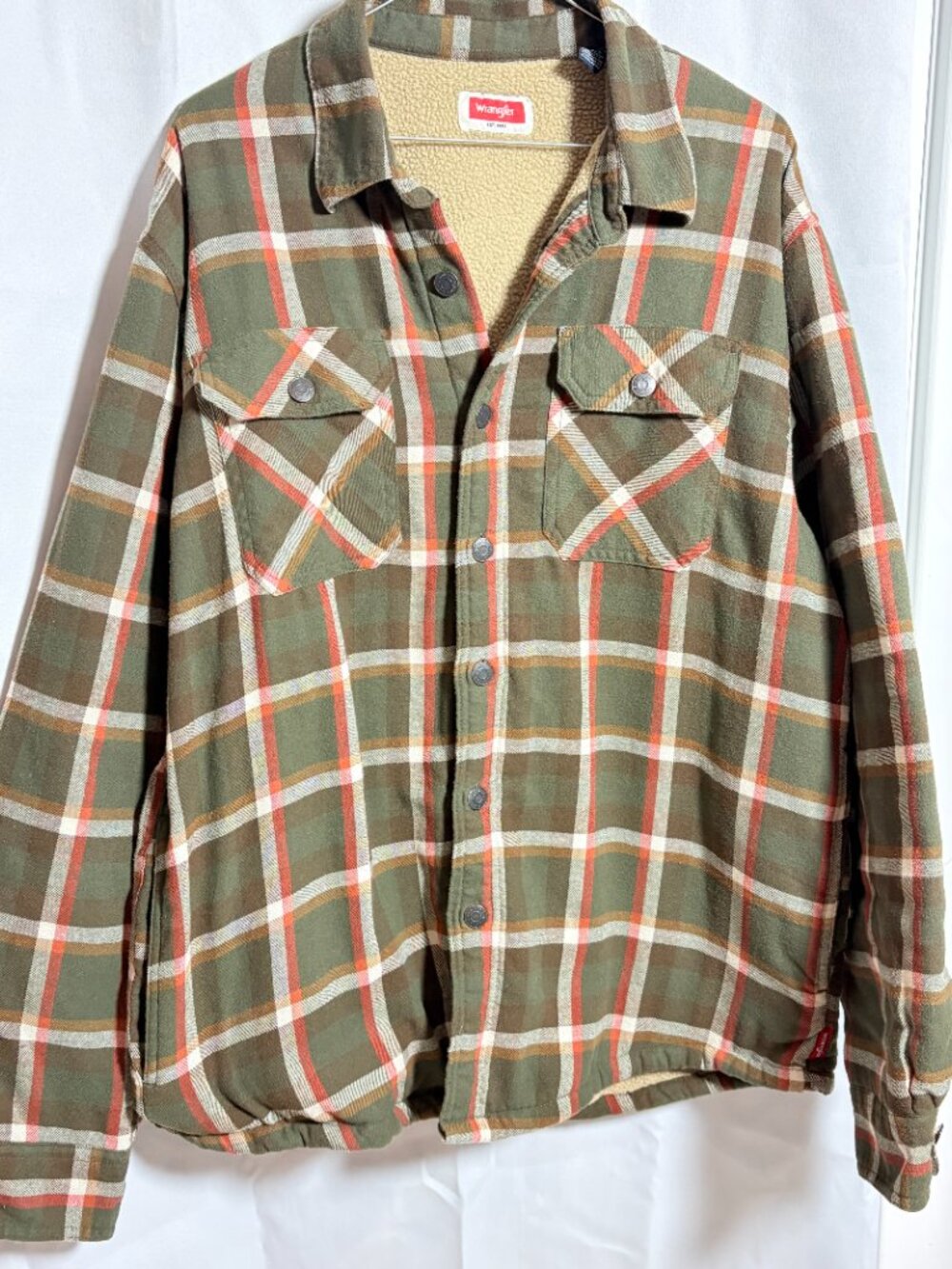 Wrangler Men’s Large Sherpa Lined Green Plaid Flannel Shirt Jacket Style HJP8AWG